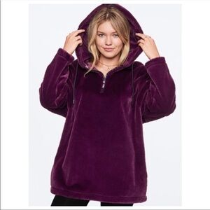 Pink Victoria’s secret, faux fur hoodie, in eggplant, hood, pockets, so soft